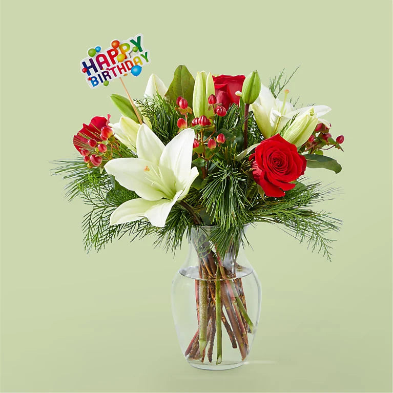 Evergreen Delight Bouquet & Happy Birthday Topper