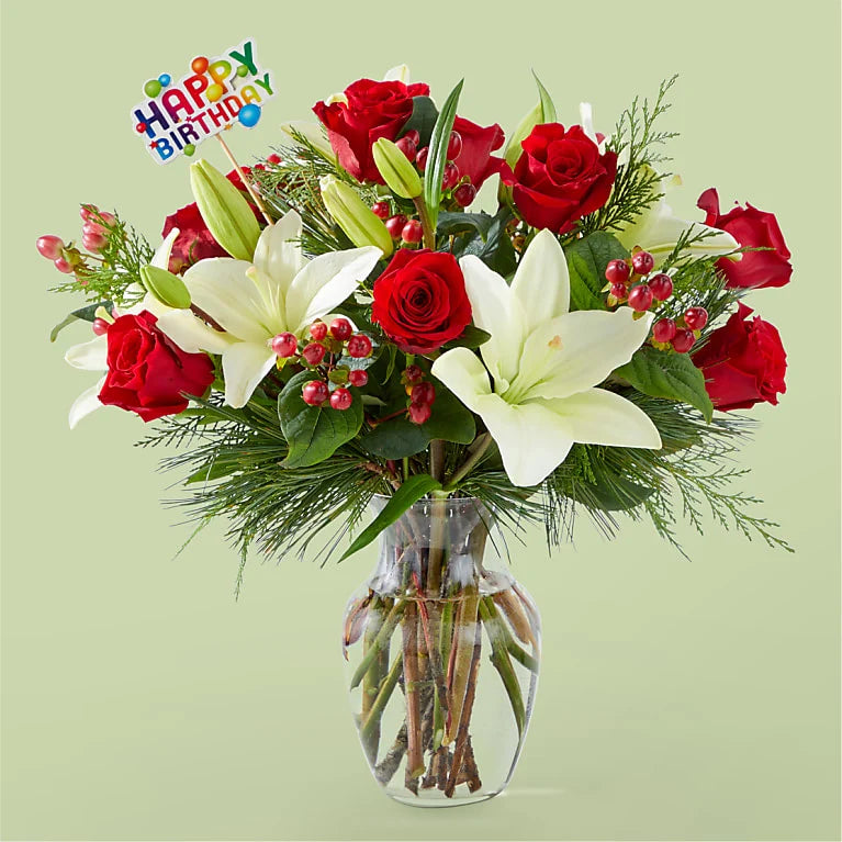Evergreen Delight Bouquet & Happy Birthday Topper