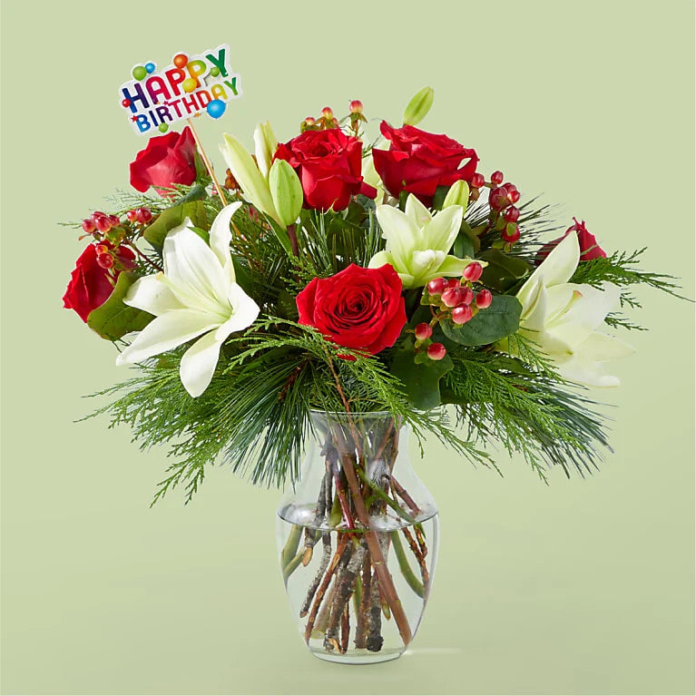 Evergreen Delight Bouquet & Happy Birthday Topper