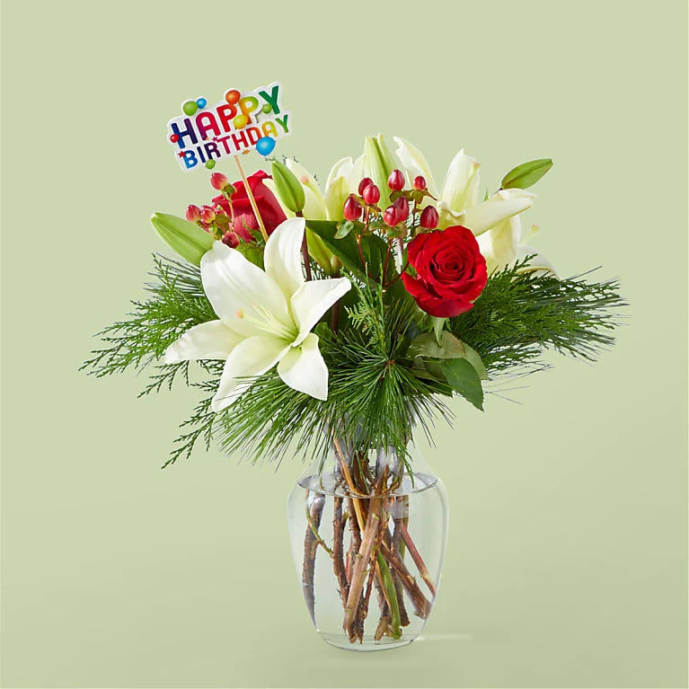 Evergreen Delight Bouquet & Happy Birthday Topper